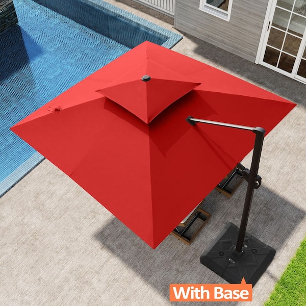 Double Top 10 ft. x 10 ft. Square Aluminum 360° Rotation Cantilever Patio Umbrella in Red with 220 lbs. Umbrella Base