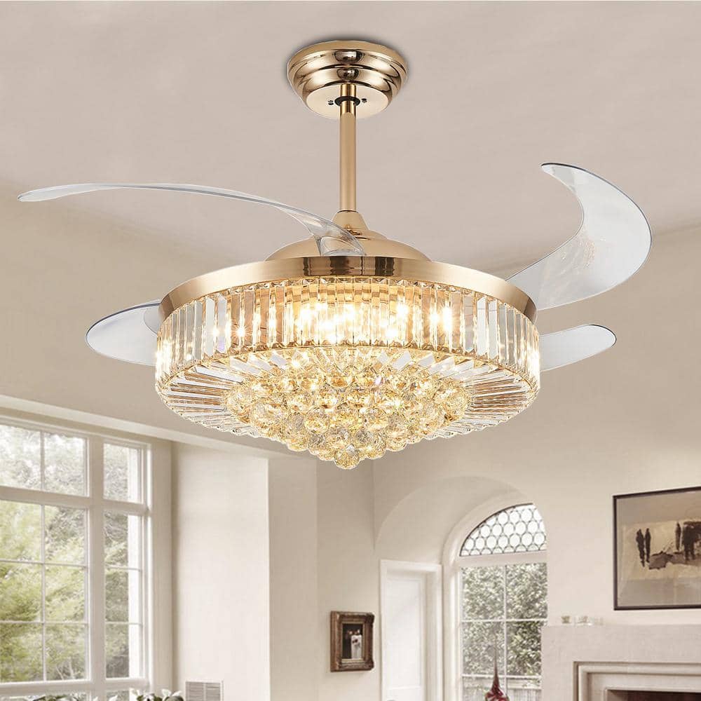 42-Inch Gold Crystal Retractable Ceiling Fan with LED Light and Remote