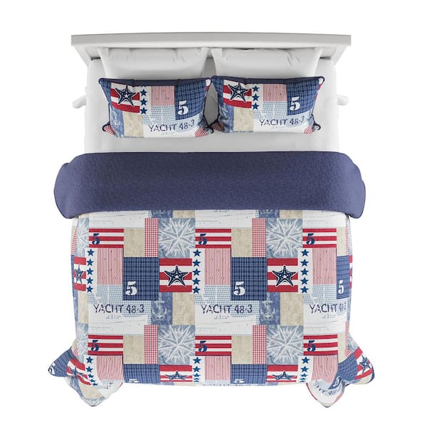 Lavish Home 3-Piece Nautical Red, White and Blue Americana Patchwork Print Full/Queen Microfiber Quilt Bedspread Set