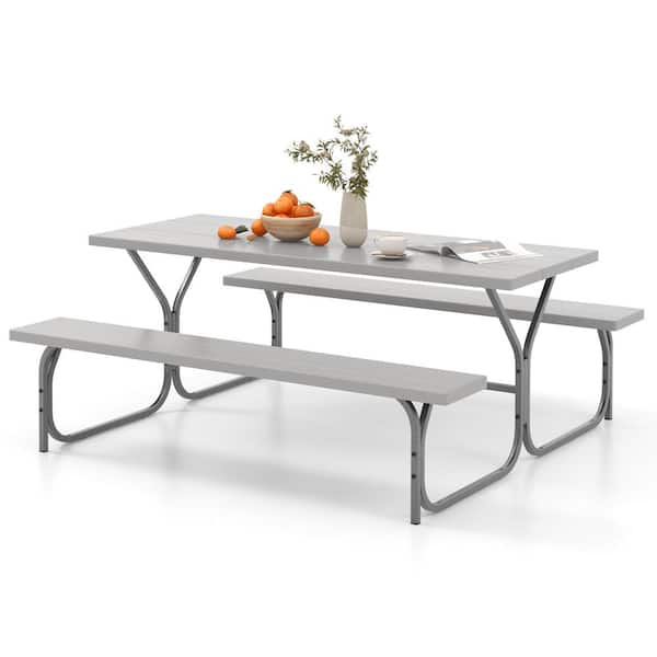 72 in. Gray Rectangle Metal Picnic Table Bench Set with HDPE Tabletop with Umbrella Hole for 8 Person