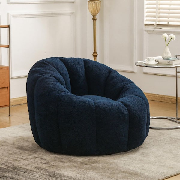 Dark Blue Faux Fur Bean Bag Chair with Armrests, Memory Foam Filled Lounge Chair for Living Room or Bedroom
