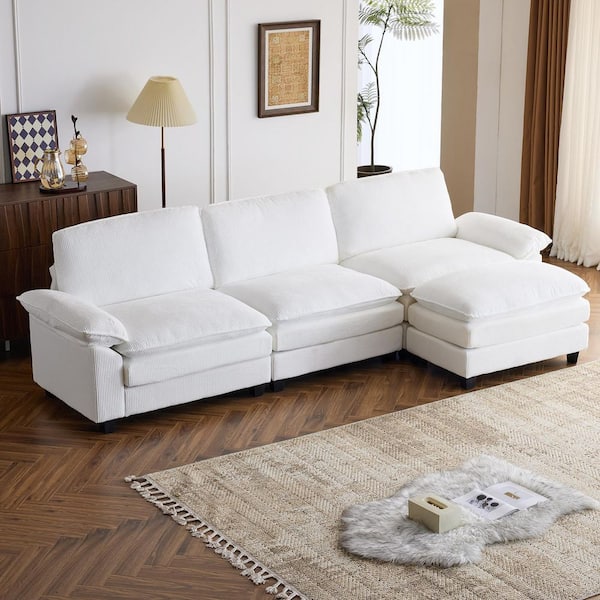Double-Layer Cushion's Collection 120 in. Wide Pillow Top Arm Corduroy L-shaped Modern Sofa in White with Ottoman