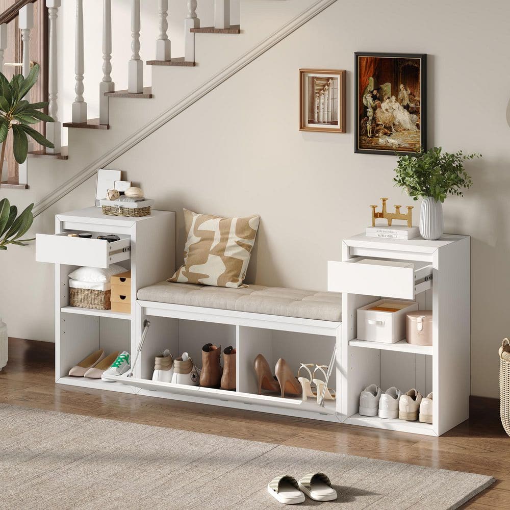 Sano Modern White 77.48 in. Wood Bedroom Bench Entryway Storage Bench with Cushion, Drawers and Open Shelves