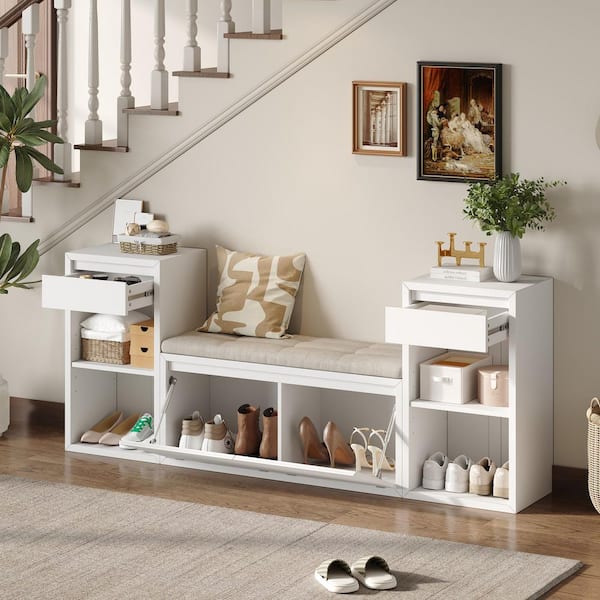 Sano Modern White 77.48 in. Wood Bedroom Bench Entryway Storage Bench with Cushion, Drawers and Open Shelves