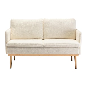 56 in. Wide Modern White Teddy Fabric Upholstered 2-Seater Loveseat with Rose Golden Metal Legs