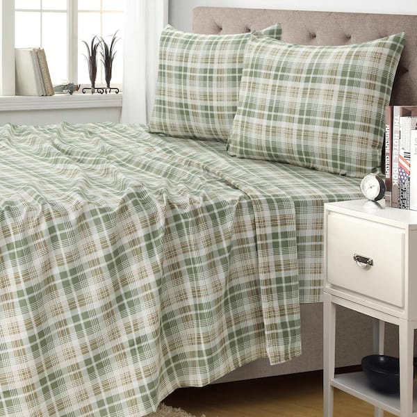 Cabin Plaid 4-Piece Green Microfiber Sheet Set Queen