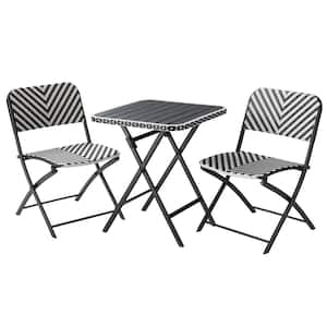 SERGA 3-Piece Outdoor Wicker Patio Folding Bistro Set Black and White Stripe