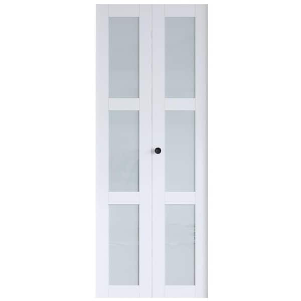 30 in. x 80 in. 3-Lite Frosted Glass White Finished Solid MDF Bi-Fold Door with Hardware Kit