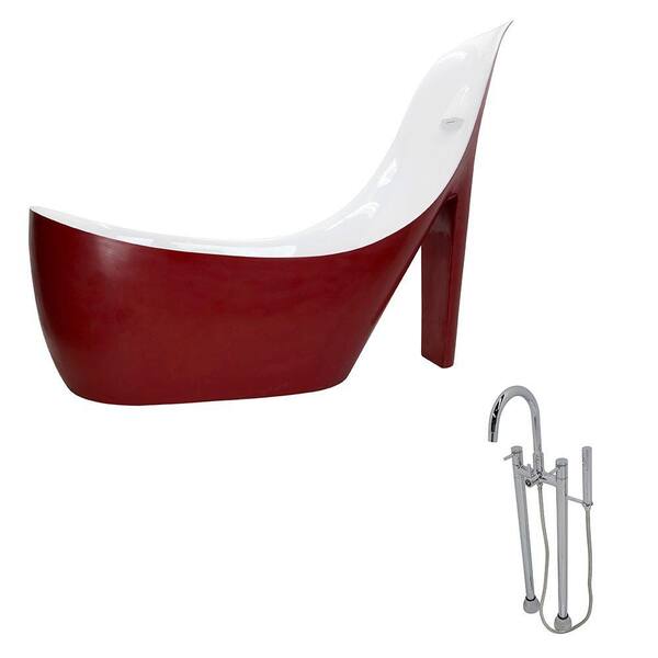 ANZZI Gala 6.7 ft. Acrylic Slipper Freestanding Flatbottom Non-Whirlpool Bathtub in Red and Sol Faucet in Chrome