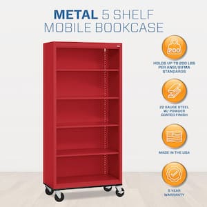 Metal 5-shelf Cart Bookcase with Adjustable Shelves in Red (78 in.)