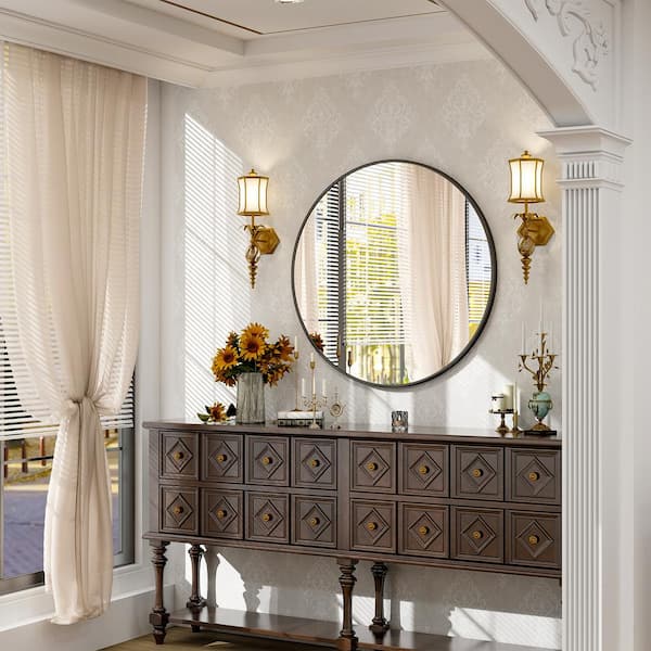 35.4 in. W x 35.4 in. H Large Round Metal Framed Wall Bathroom Vanity Mirror Black