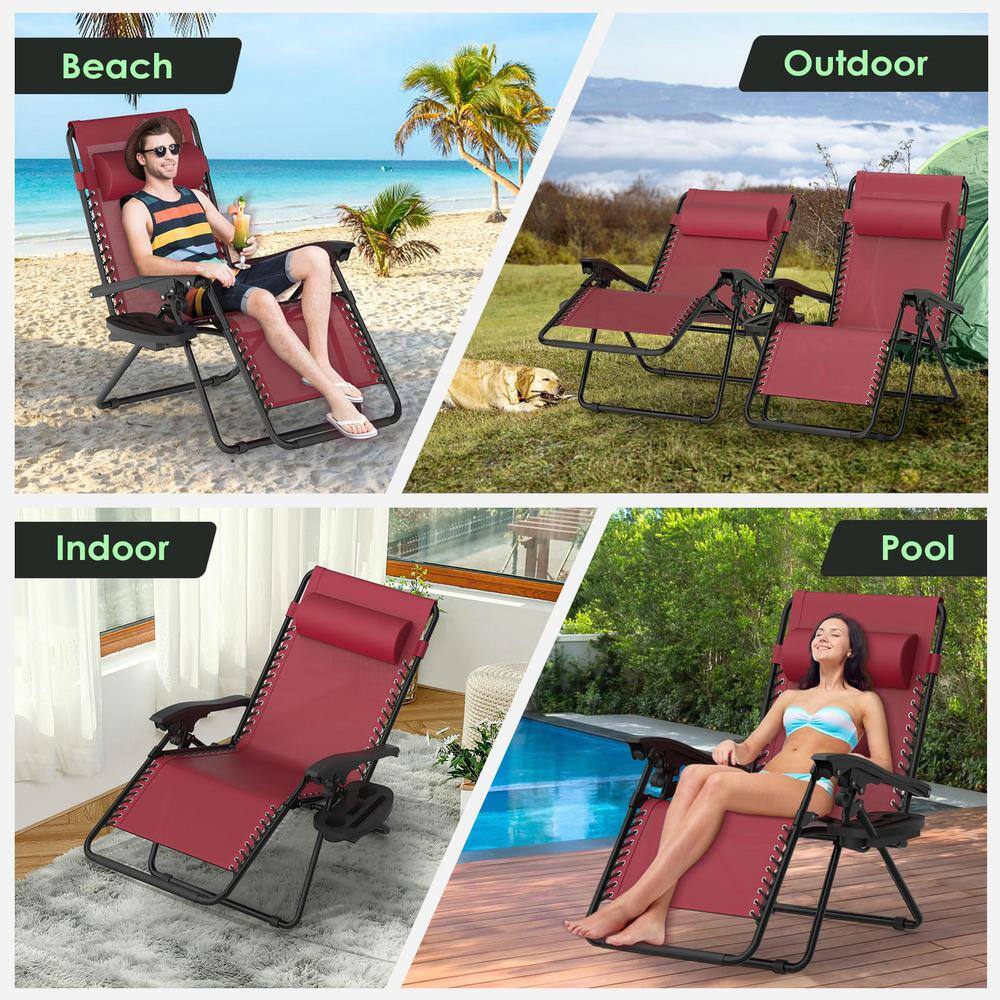 Claret Steel Zero Gravity Reclining Lounge Chair Set with Cup Holder