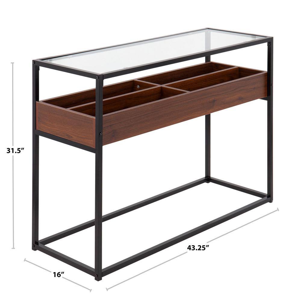 Contemporary Black Steel & Walnut Wood Console Table with Glass Top