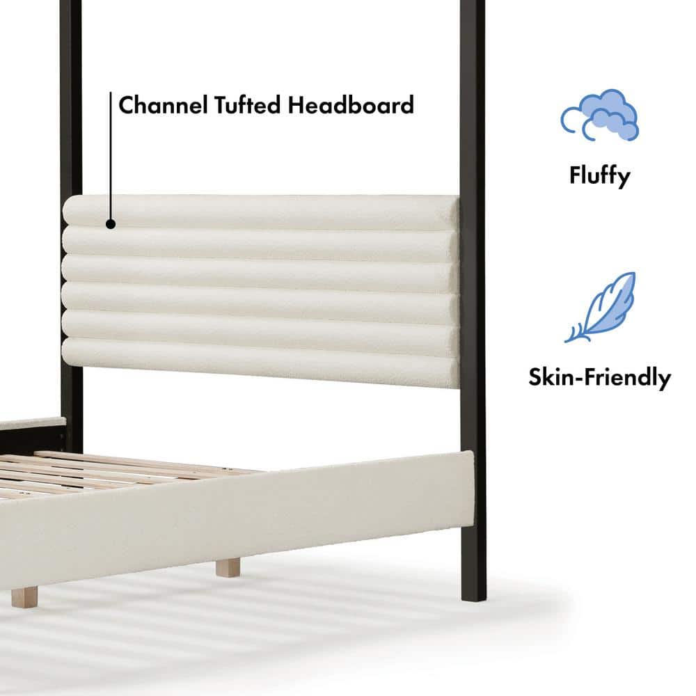 White Queen Canopy Bed with Upholstered Headboard and Wood Frame