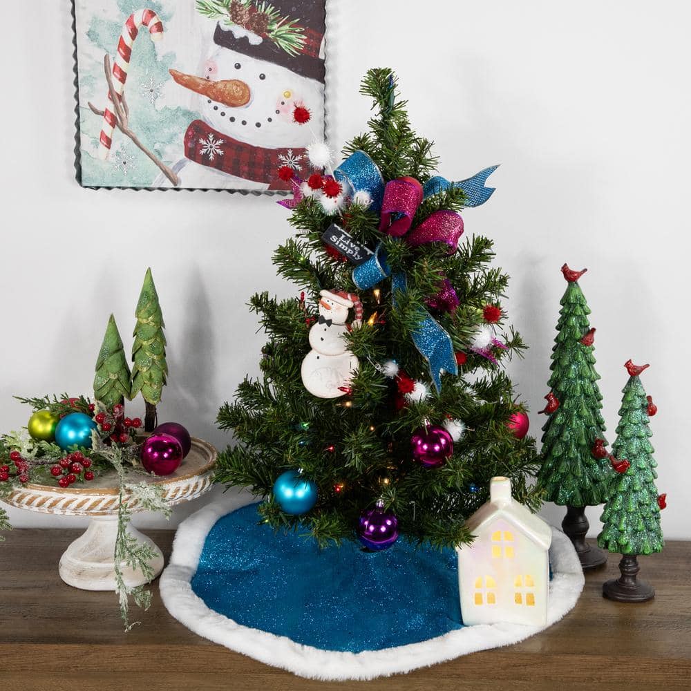 20" Blue Glittered Mini Christmas Tree Skirt with Faux Fur Trim