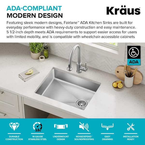 KRAUS Fairlane 25 ADA Compliant Undermount Single Bowl 18-Gauge