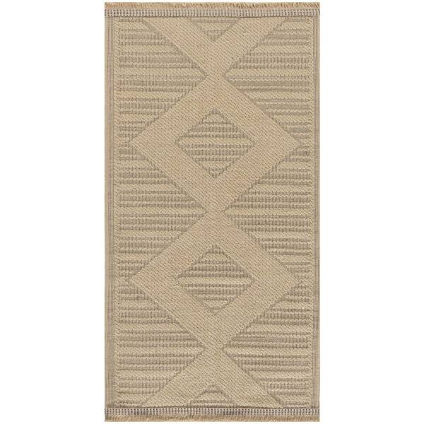 2' X 4' Natural And Beige Geometric Flatweave Non Skid Area Rug With Fringe