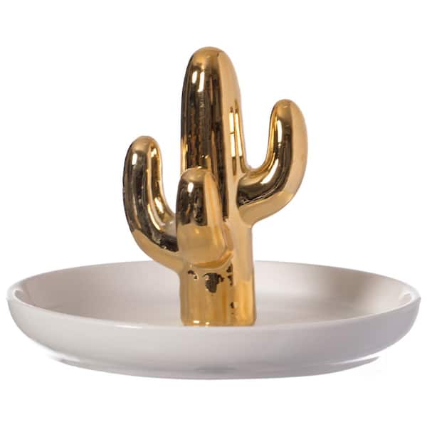 Uniquewise QI004368.TR Modern Ceramic Trinket Dish Accent Plate Jewelry Holder White Plate and Gold Cactus Tree