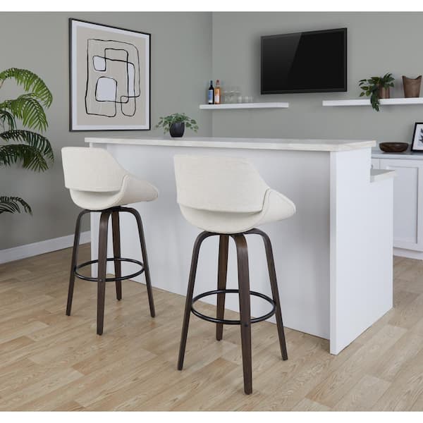 Lumisource Fabrico 29.5 in. Cream Noise Fabric, Glazed Walnut Wood, and Black Metal Fixed-Height Bar Stool (Set of 2)