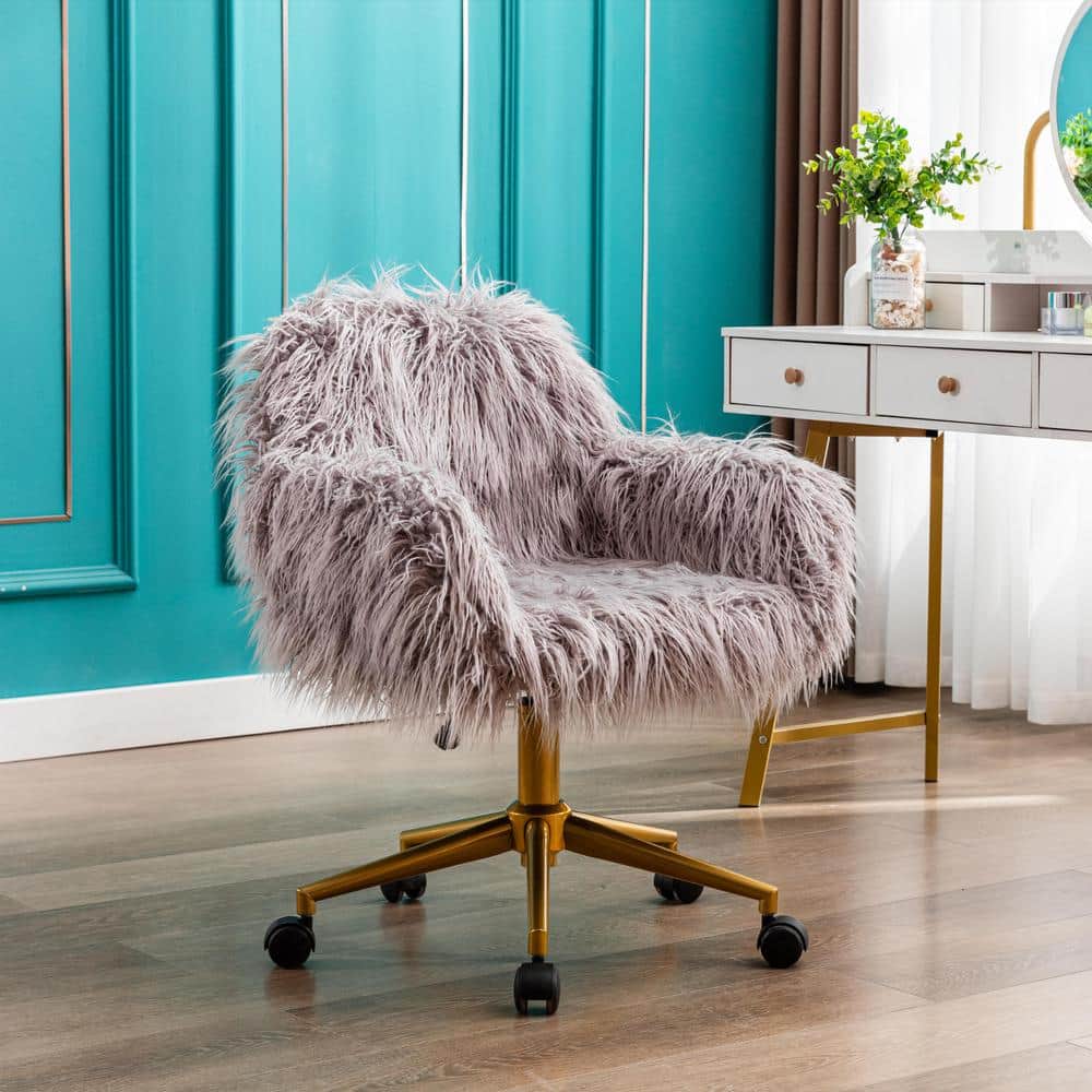 mieres Modern Gray Faux Fur Accent Chair, Height Adjustable Swivel Cute  Fluffy Vanity Accent Chair for Office, Dressing Room QTW21238272 The Home  Depot