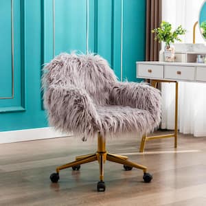 Modern Gray Faux Fur Accent Chair, Height Adjustable Swivel Cute Fluffy Vanity Accent Chair for Office, Dressing Room