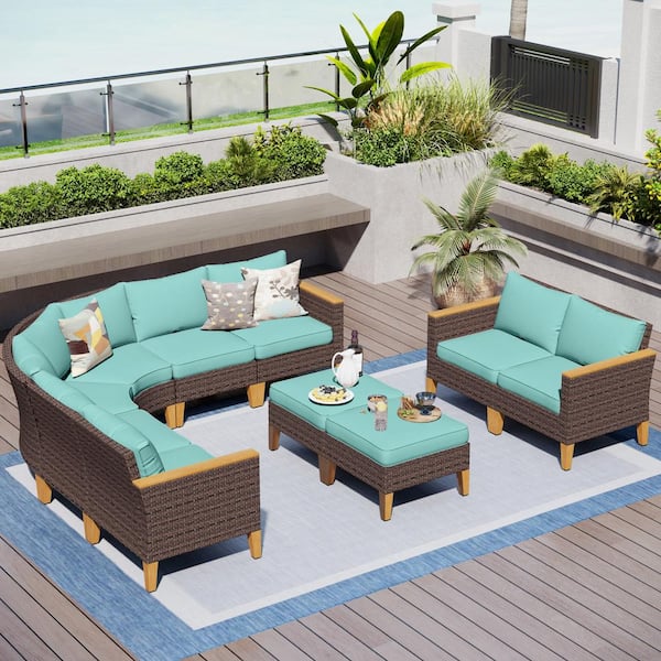 PHI VILLA Brown Rattan Wicker 10 Seat 10-Piece Steel Outdoor Patio Conversation Set with Blue Cushions