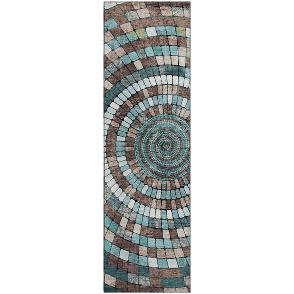 Mayfield Premium Machine Washable Abstract AMF2216 Teal 2 ft. x 7 ft. Runner Rug