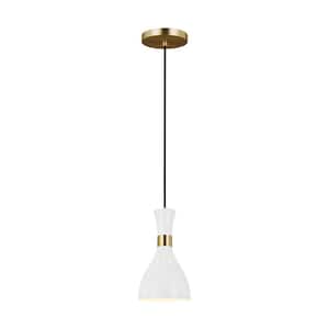 Joan 6.25 in. W 1-Light Matte White and Burnished Brass Mini Pendant