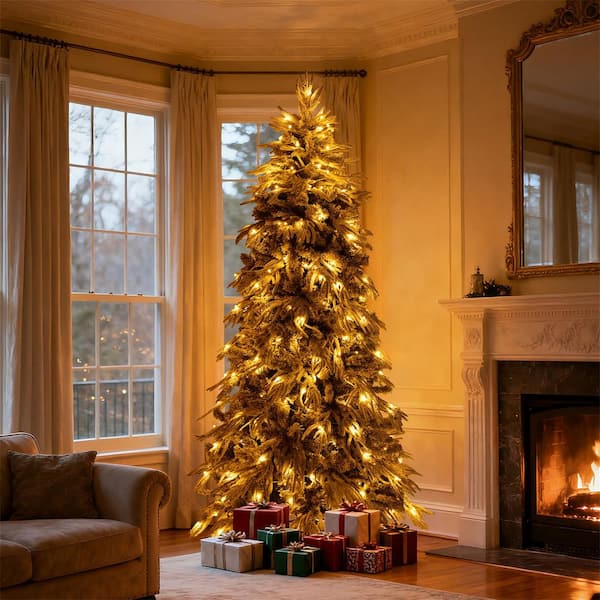 7 ft. Slim Flocked Snow Christmas Tree, 767 PE Branch Tips with 250-Warm LED Lights