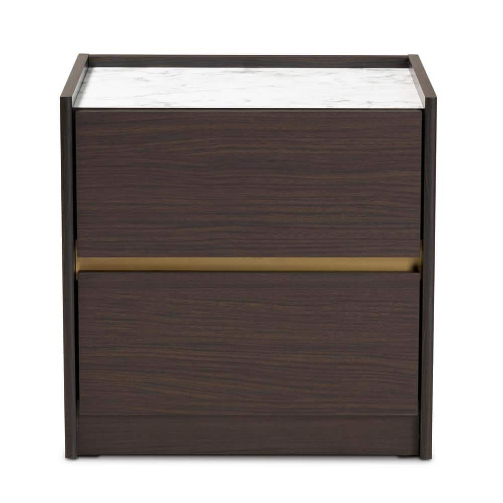 Walker 2-Drawer Dark Brown and Marble Nightstand (18.9 in. H x 18.9 in. W x 15.75 in. D)