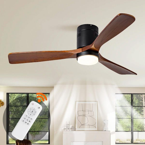 52 in. Black Propeller Flush Mount Low Profile Ceiling Fan with Light, Brown Wood Blades, DC Motor, Remote Control