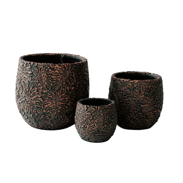 Galvanised Flower Pot Set 4 Ribbed Bronze Finish Metal Garden