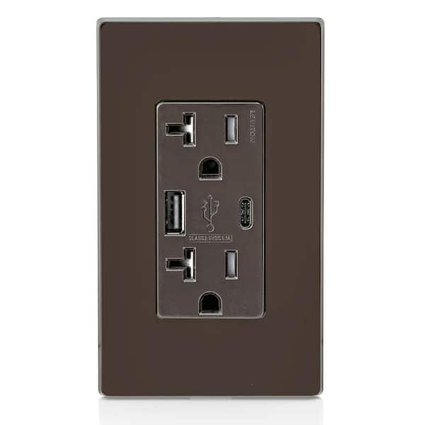 20 Amp Type A and Type-C USB Charger/Tamper Resistant Receptacle, Brown T5833-B