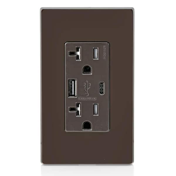 20 Amp Type A and Type-C USB Charger/Tamper Resistant Receptacle, Brown T5833-B
