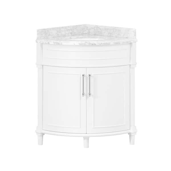Aberdeen 32 in. Single Sink Corner White Bath Vanity with Carrara Marble Top (Assembled)