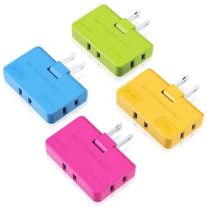 3-Outlet Rotatable Flat Wall Plug Extender Compact Adjustable 2 Prong Adapter for Home Travel Type-A Multi Color 4 Pack