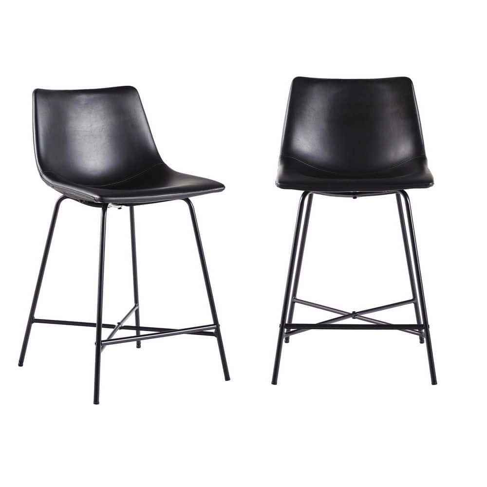 24" Black Faux Leather and Metal Counter Stools, Set of 2