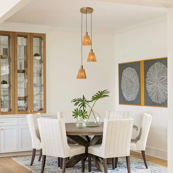 15 in. 3-Light Bohemia Brass Kitchen Island Pendant Light with Hand-Woven Paper Rope Shades