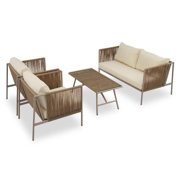 Sudzendf 4-Piece Metal Outdoor Rope Sofa Set All-Weather Patio Furniture Set with Beige Cushions