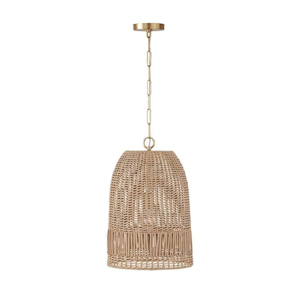 Naomi 100-Watt 1-Light Matte Brass Medium Pendant Light with Hand-Woven Painted Rattan Basket and No Bulbs Included
