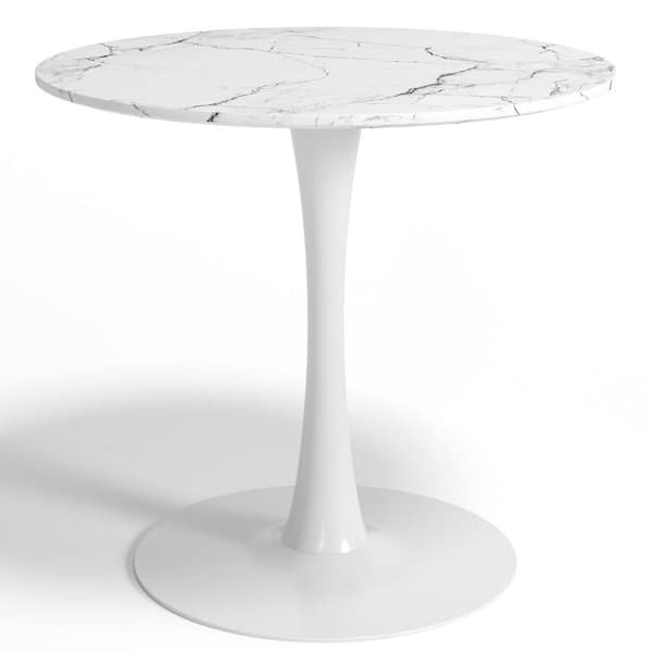 31.5 in. Round White MDF Artificial Marble Veneer Top with Strong Tulip Style Metal Pedestal Base (Sets 2-4)