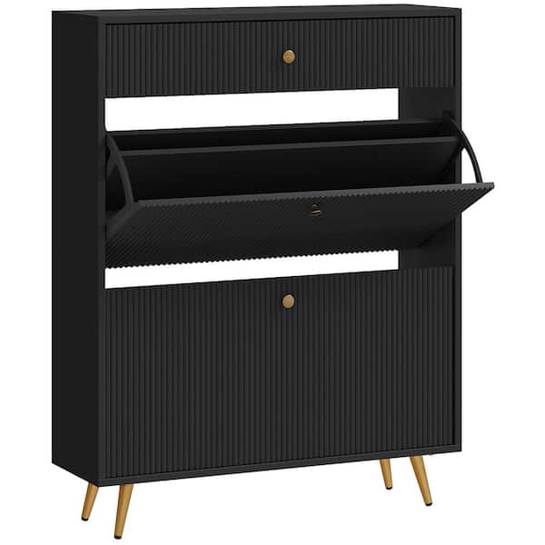 Narrow Shoe Cabinet for Entryway, Modern Shoe Storage Cabinet with Wave-like Panels, 2 Flip Drawers