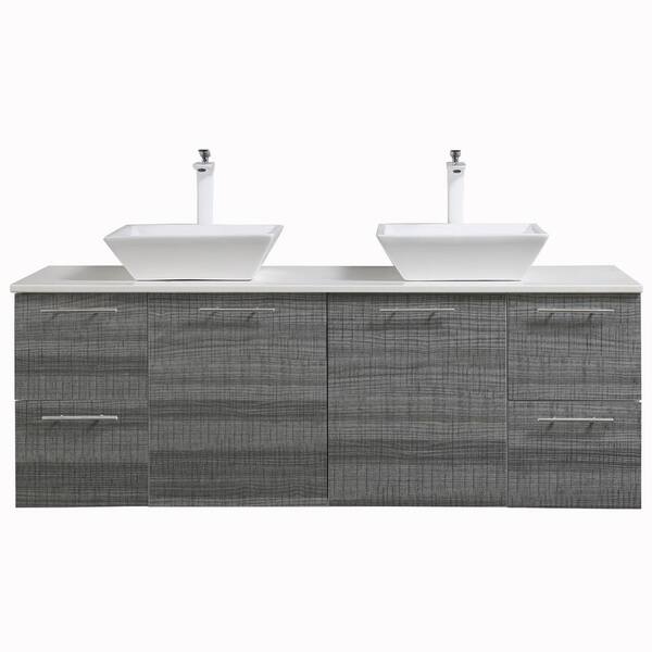 Eviva Luxury 60 in. W x 22 in. D x 26 in. H Floating Double Bathroom Vanity in Ash with White Glass Top with White Sinks