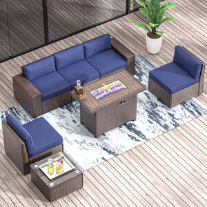 7-Piece Outdoor Rattan Wicker Set Covers Sectional Set with Fire Pit Table, Blue cushions