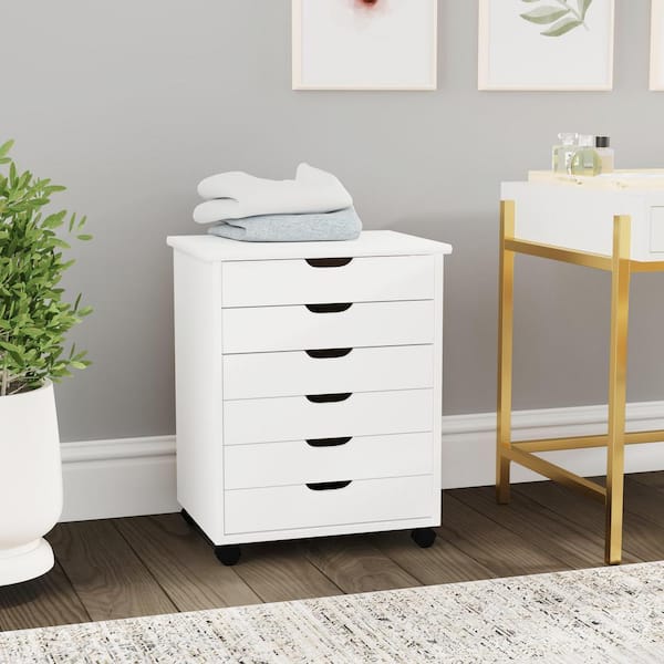 Linon Home Decor Mcleod White Wash 6 Drawer Wide Rolling