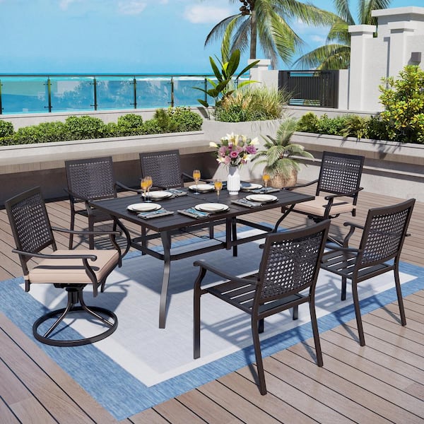 PHI VILLA 7-Piece Metal Patio Outdoor Dining Set with Swivel Chairs with Beige Cushions