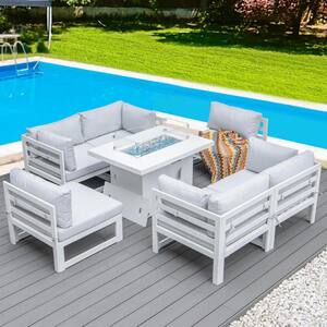 Extra Large White 7-Piece Aluminum Patio Frie Pit Deep Seating Sectional Sofa Set with White Cushions