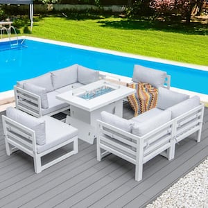 Extra Large 7-Piece White Aluminum Patio Frie Pit Deep Seating Sectional Sofa Set with White Cushions