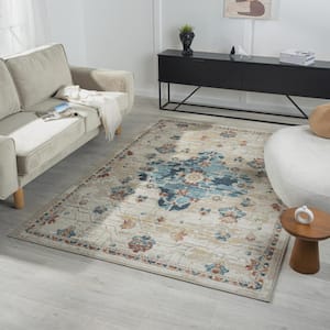 Iviana Ivory/Blue/Multicolor 7 ft. 10 in. x 9 ft. 10 in. Contemporary Power-Loomed Medallion Rectangle Area Rug