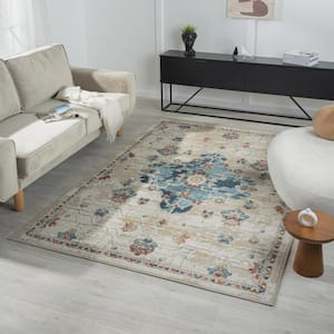 Iviana Ivory/Blue/Multicolor 3 ft. 11 in. x 6 ft. Contemporary Power-Loomed Medallion Rectangle Area Rug